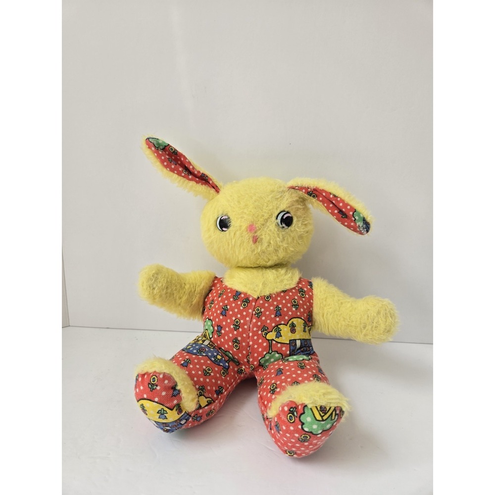 Vintage plush stuffed bunny rabbit yellow print outfit Gund?